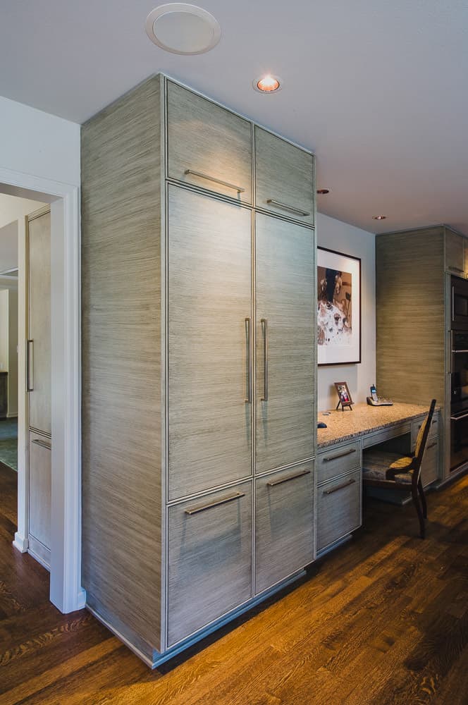 kitchen, pantry cabinet, faux finish cabinet, desk, hardwood floor, recessed light
