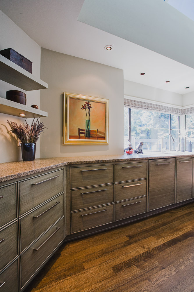 kitchen, hardwood floor, faux finish cabinet, granite counter, shelving