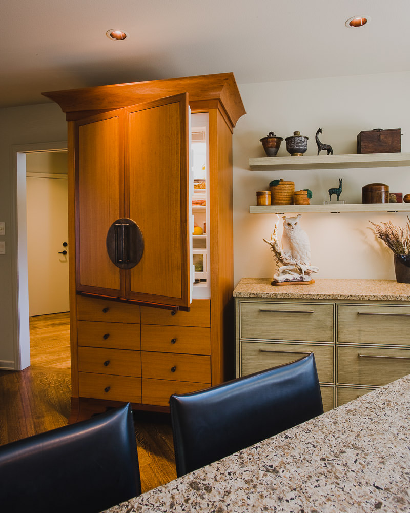kitchen, custom refrigerator, granite counter, shelving