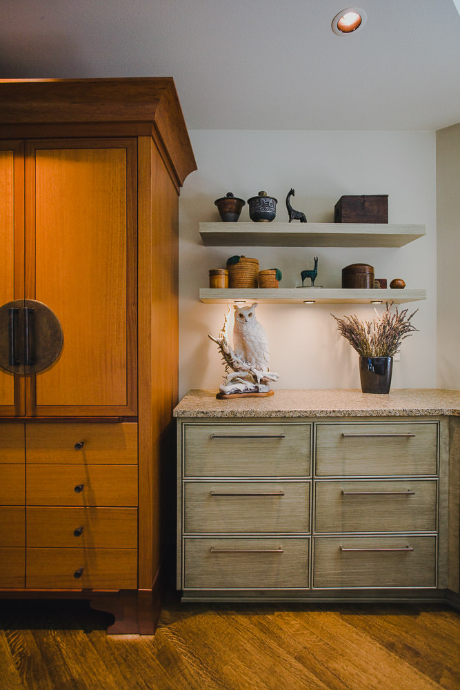 kitchen, custom refrigerator, faux finish cabinet, shelving, hardwood floor, halogen lighting