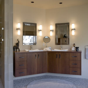 master bath, pebble tile, shower, floating cabinet, mirror
