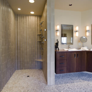 master bath, shower, tile walls, floating cabinet