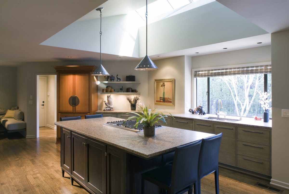 kitchen, island, pendant light, skylight, granite counter, custom refrigerator